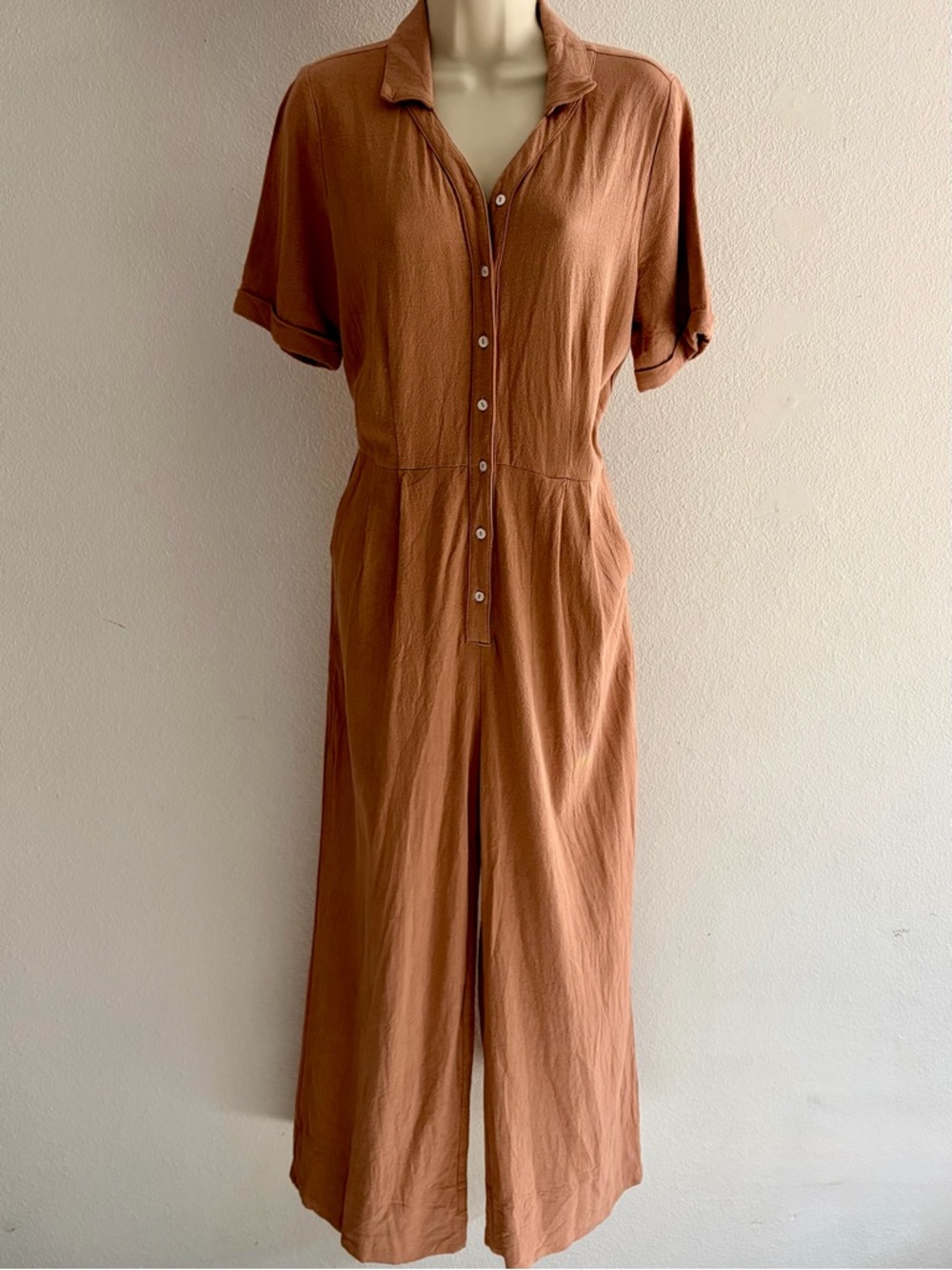 Roolee Rust Jumpsuit Medium Wide Leg Button Front Boho Tie Waist Pockets